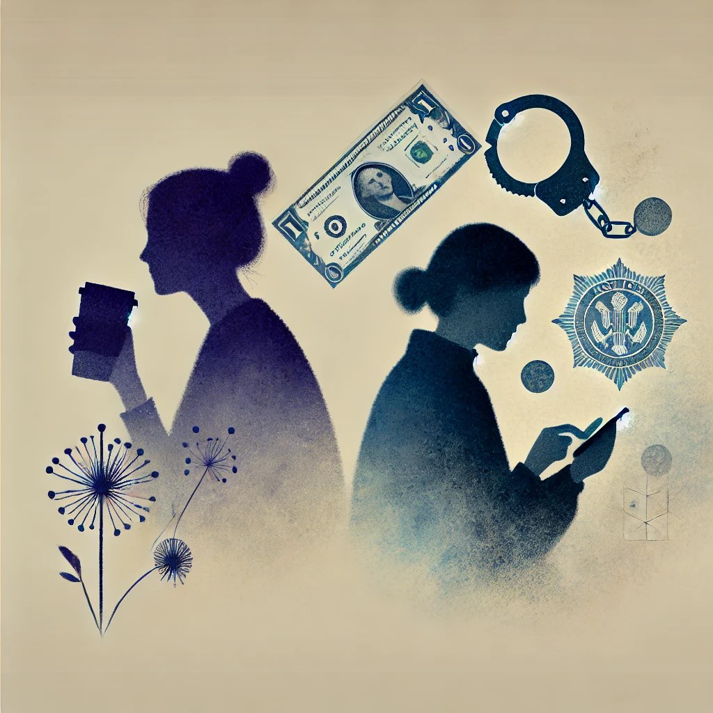 Two women like Ekaterina Zhdanova and Jacqueline Omvlee Troost in sihouette, background elements handcuffs, dollar sign and a flower